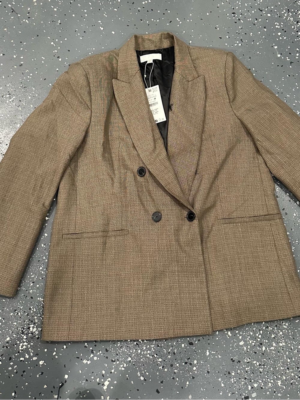 Zara Double-Breasted Tan/Brown Checked Blazer